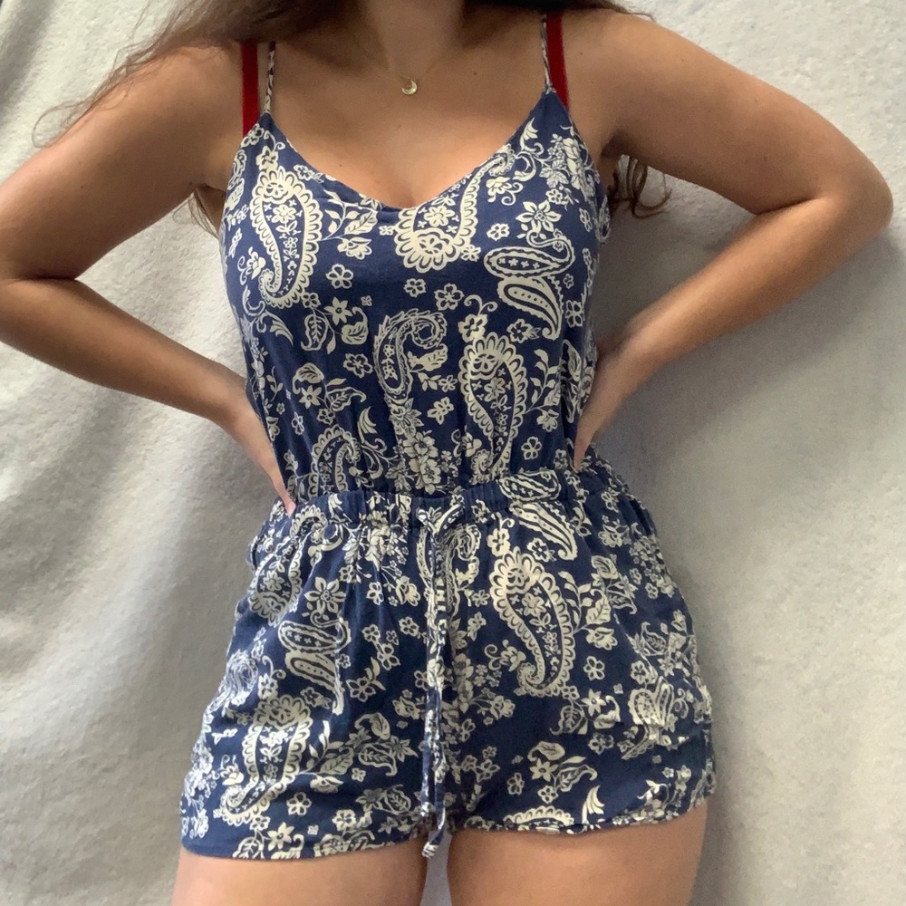 Blue and White Floral Romper